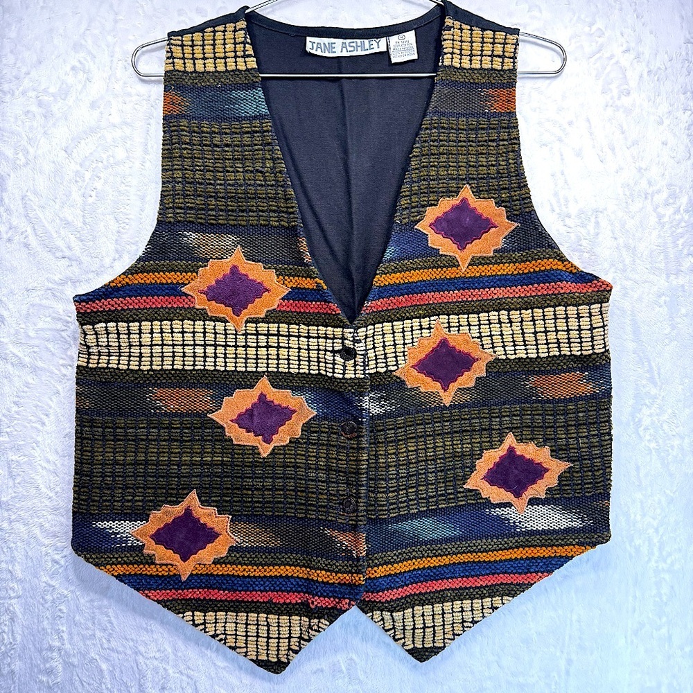 Vintage Jane Ashley Western Vest Woven with Suede Patches Southwestern Cowgirl